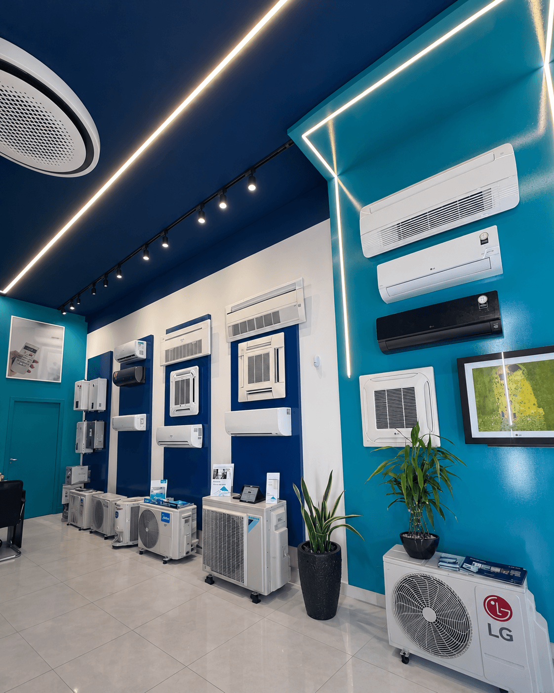 Showroom da Splitech em Meia Praia, Itapema: teto azul com linhas de LED e parede turquesa com splits, cassetes e condensadoras expostos
